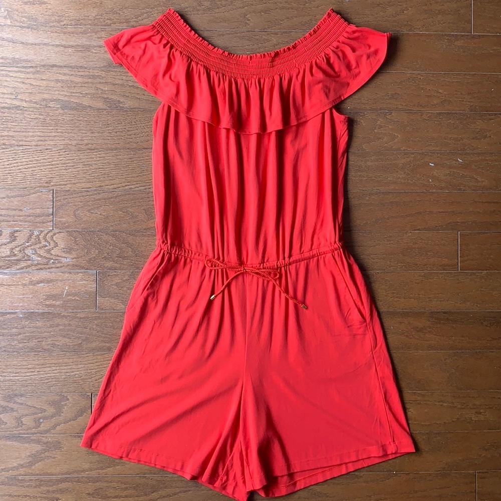 LRL | Red Ruffle Off the Shoulder Romper Large